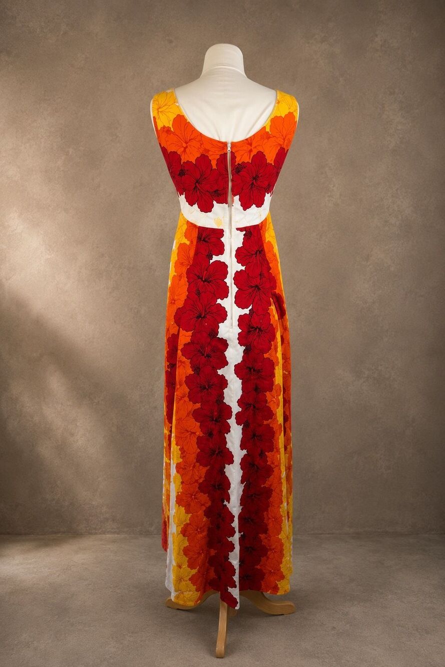 Ui-Maikai Hawaiian Maxi Dress Tropical Floral Orange Red White 100% Cotton Vinta - Picture 3 of 8